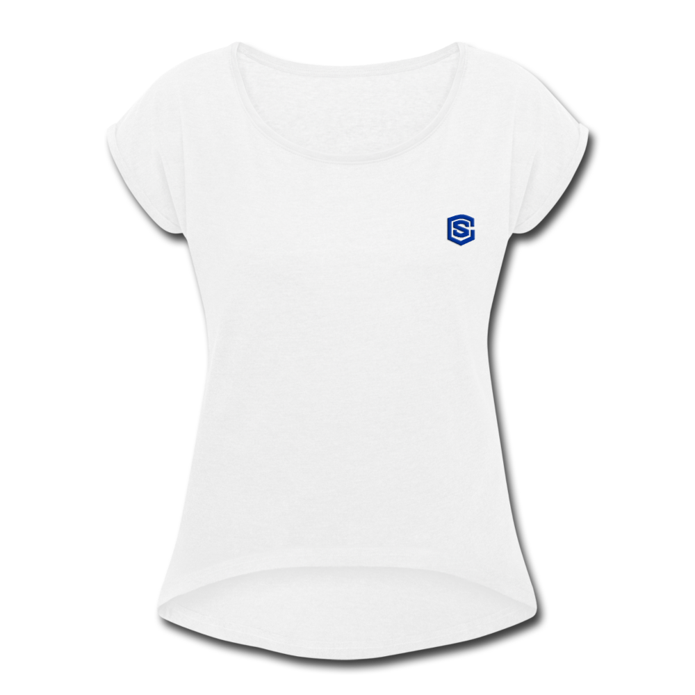Women's Roll Cuff T-Shirt WITH BLUE LOGO - white