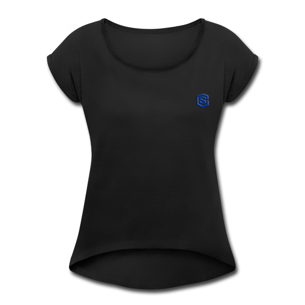 Women's Roll Cuff T-Shirt WITH BLUE LOGO - black