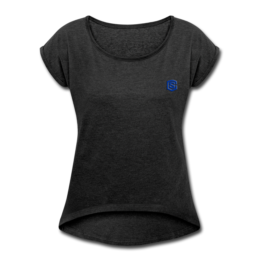 Women's Roll Cuff T-Shirt WITH BLUE LOGO - heather black