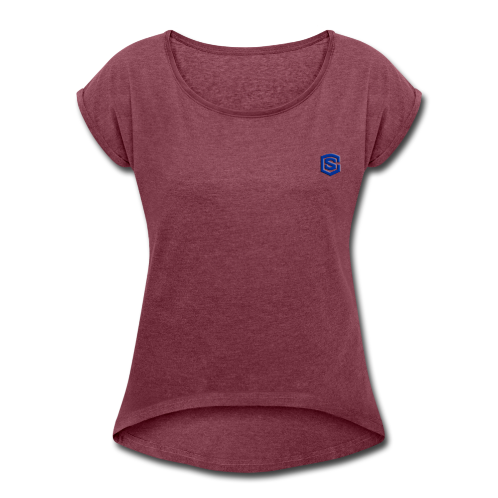 Women's Roll Cuff T-Shirt WITH BLUE LOGO - heather burgundy