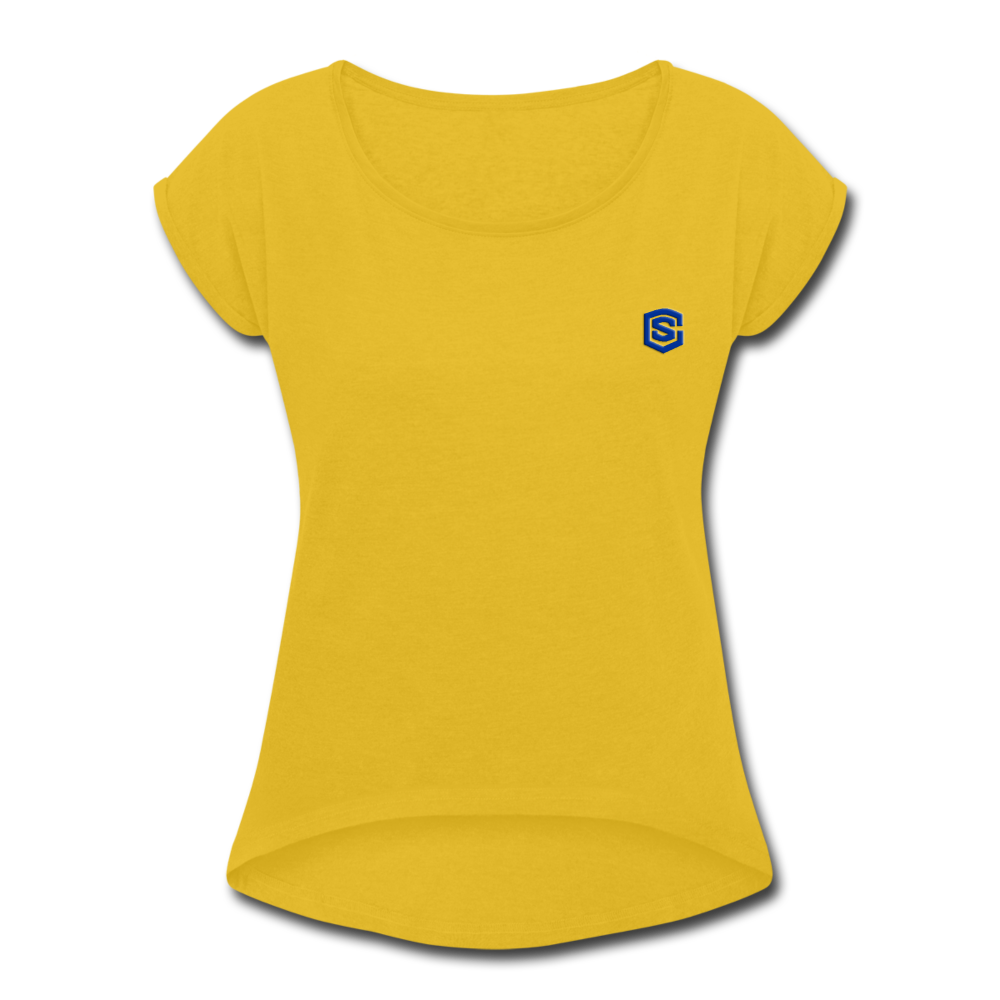 Women's Roll Cuff T-Shirt   WITH BLUE LOGO - mustard yellow