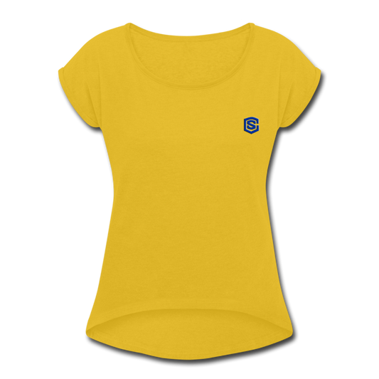 Women's Roll Cuff T-Shirt   WITH BLUE LOGO - mustard yellow