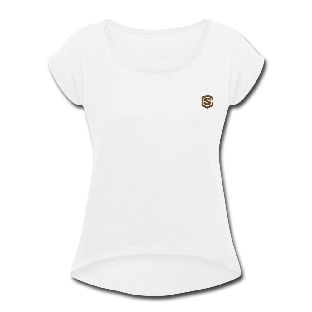 Women's Roll Cuff T-Shirt   WITH BROWN  LOGO - white