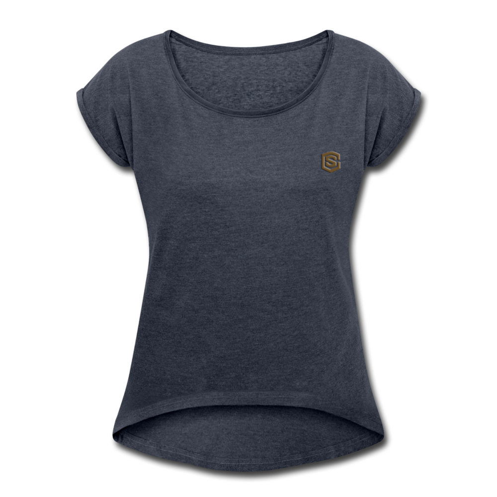 Women's Roll Cuff T-Shirt   WITH BROWN  LOGO - navy heather