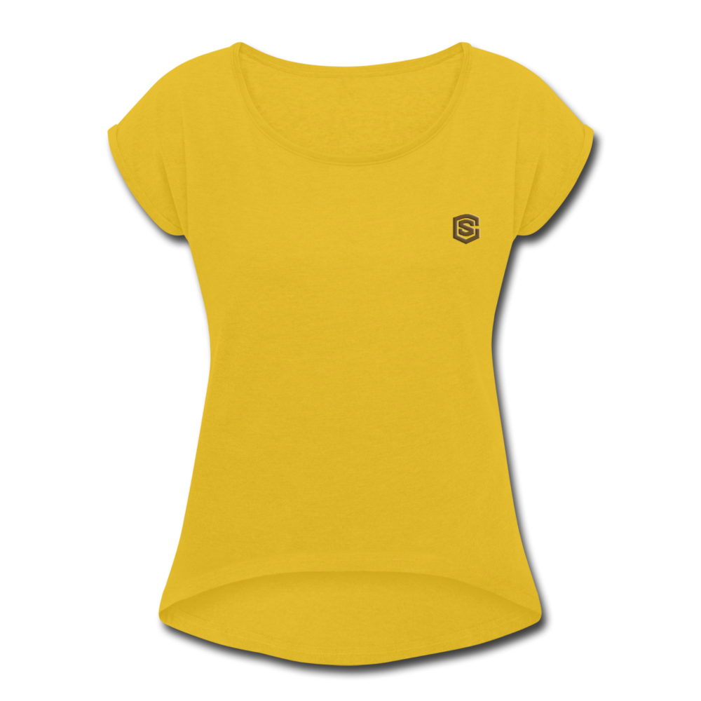 Women's Roll Cuff T-Shirt   WITH BROWN  LOGO - mustard yellow