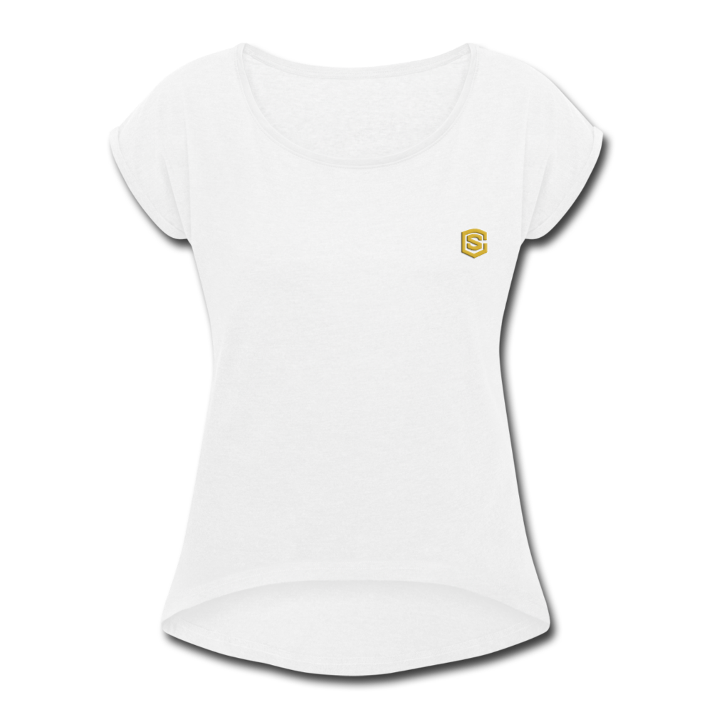 Women's Roll Cuff T-Shirt   WITH GOLD  LOGO - white