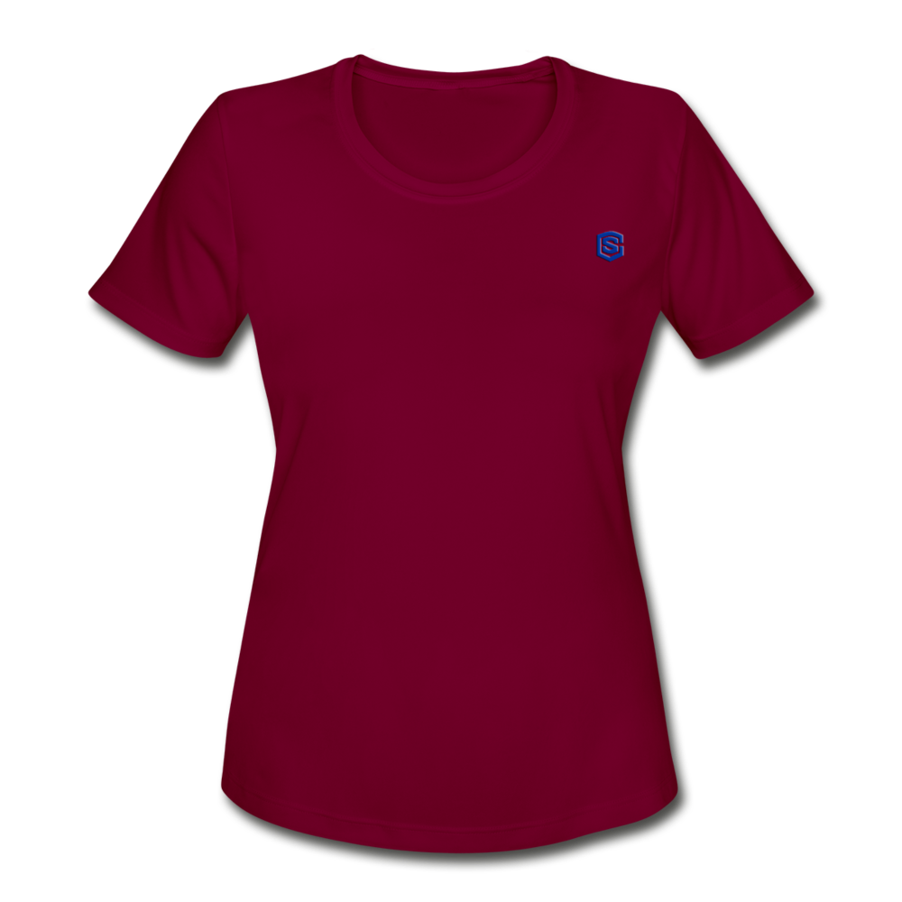 Women's Moisture Wicking Performance T-Shirt   WITH BLUE LOGO - burgundy