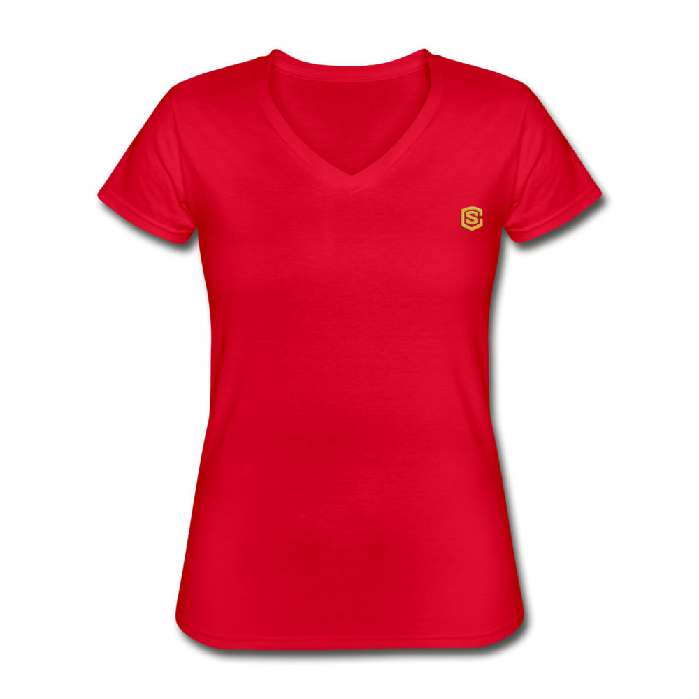Women's V-Neck T-Shirt  WITH GOLD  LOGO - red
