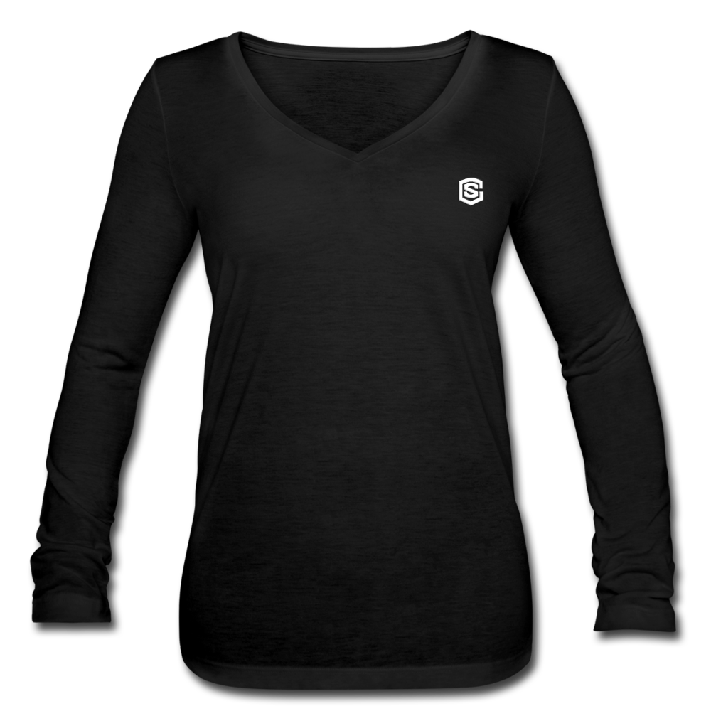 Women’s Long Sleeve  V-Neck Flowy Tee  WITH WHITE  LOGO - black