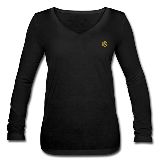 Women’s Long Sleeve  V-Neck Flowy Tee  WITH  GOLD LOGO - black