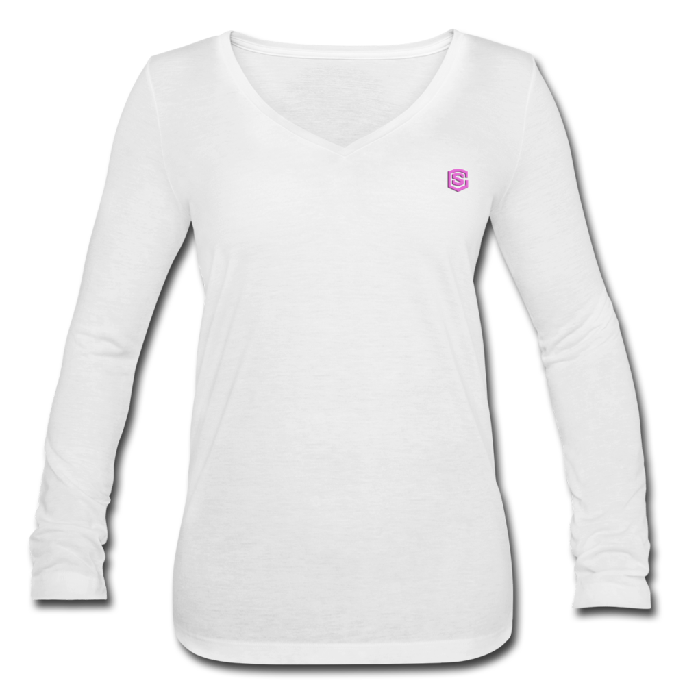 Women’s Long Sleeve V-Neck Flowy Tee WITH PINK LOGO - white