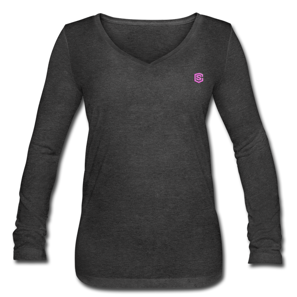Women’s Long Sleeve V-Neck Flowy Tee WITH PINK LOGO - deep heather