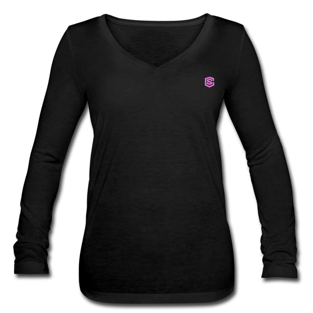 Women’s Long Sleeve V-Neck Flowy Tee WITH PINK LOGO - black