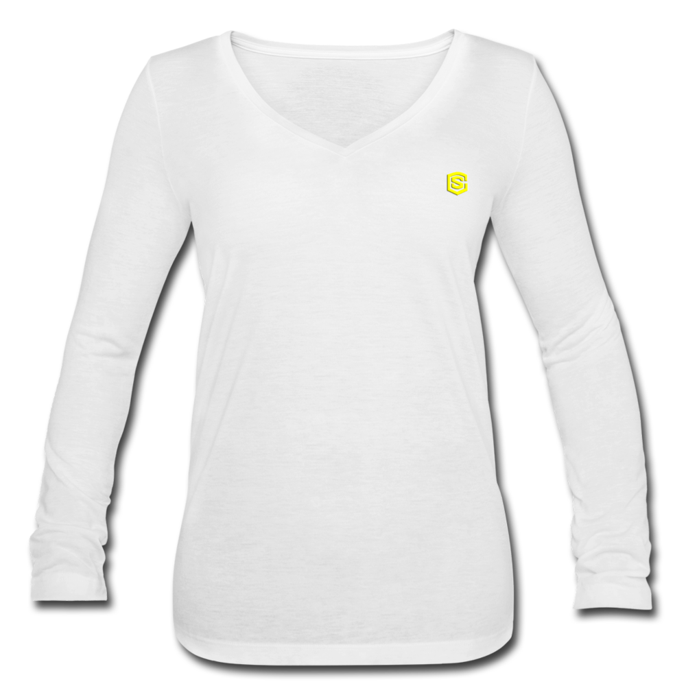 Women’s Long Sleeve V-Neck Flowy Tee WITH YELLOW LOGO - white