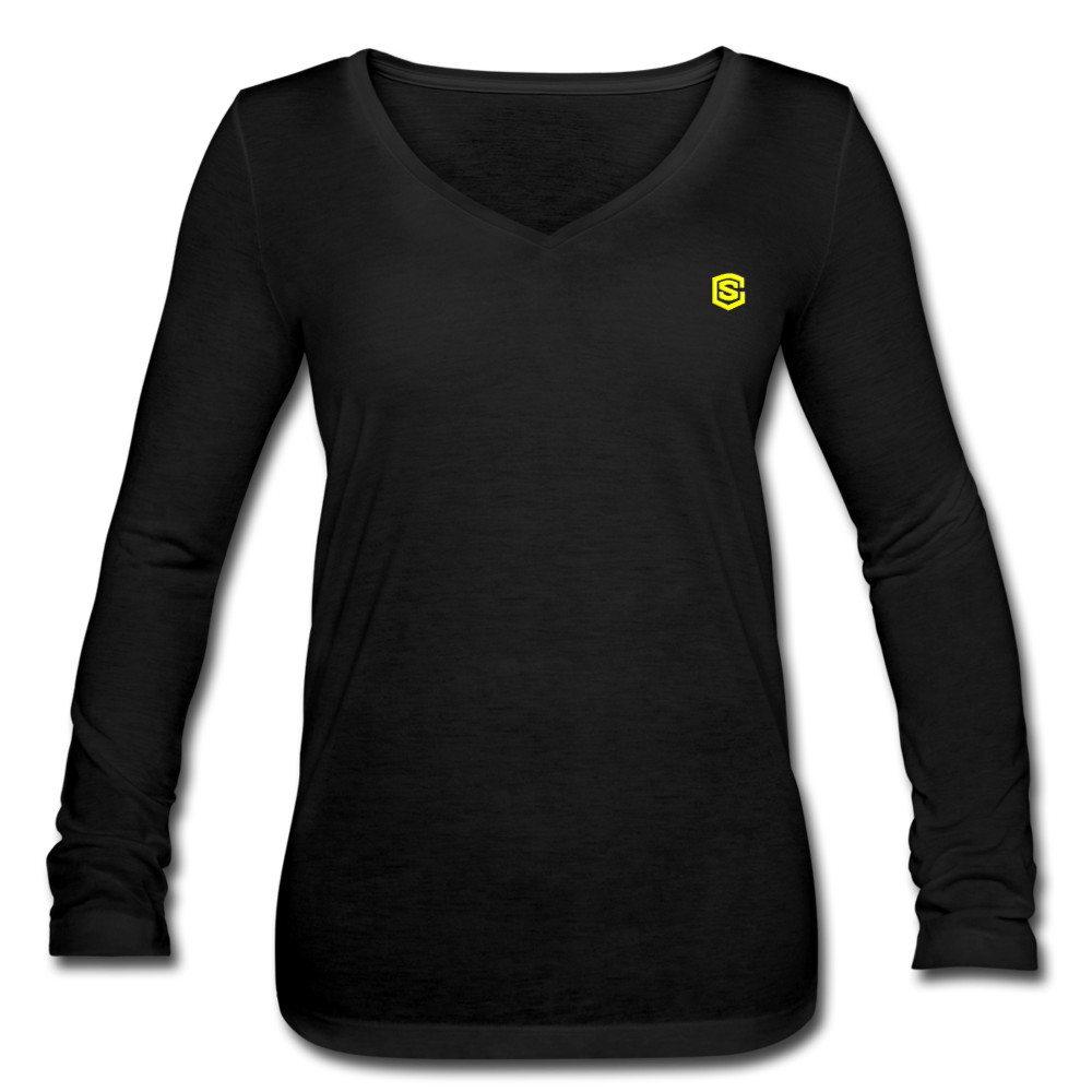 Women’s Long Sleeve  V-Neck Flowy Tee  WITH  YELLOW LOGO - black