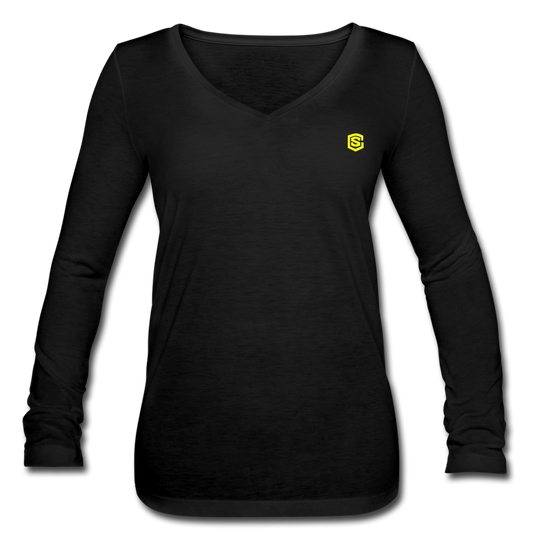Women’s Long Sleeve  V-Neck Flowy Tee  WITH  YELLOW LOGO - black