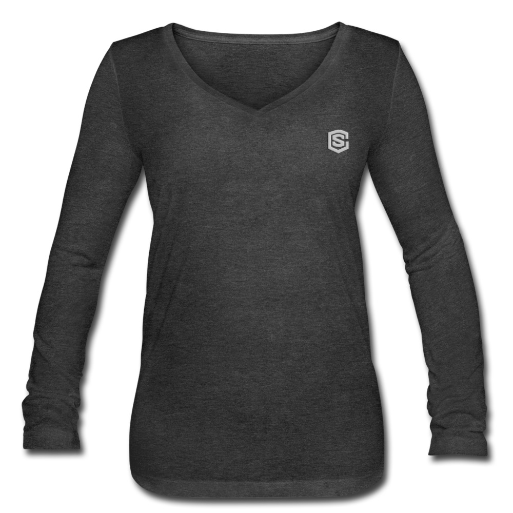 Women’s Long Sleeve V-Neck Flowy Tee WITH SILIVER LOGO - deep heather