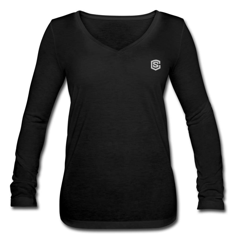 Women’s Long Sleeve  V-Neck Flowy Tee  WITH SILIVER  LOGO - black