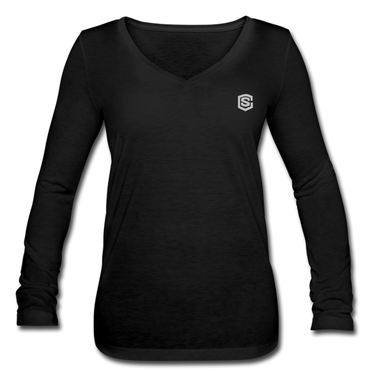 Women’s Long Sleeve  V-Neck Flowy Tee  WITH SILIVER  LOGO - black