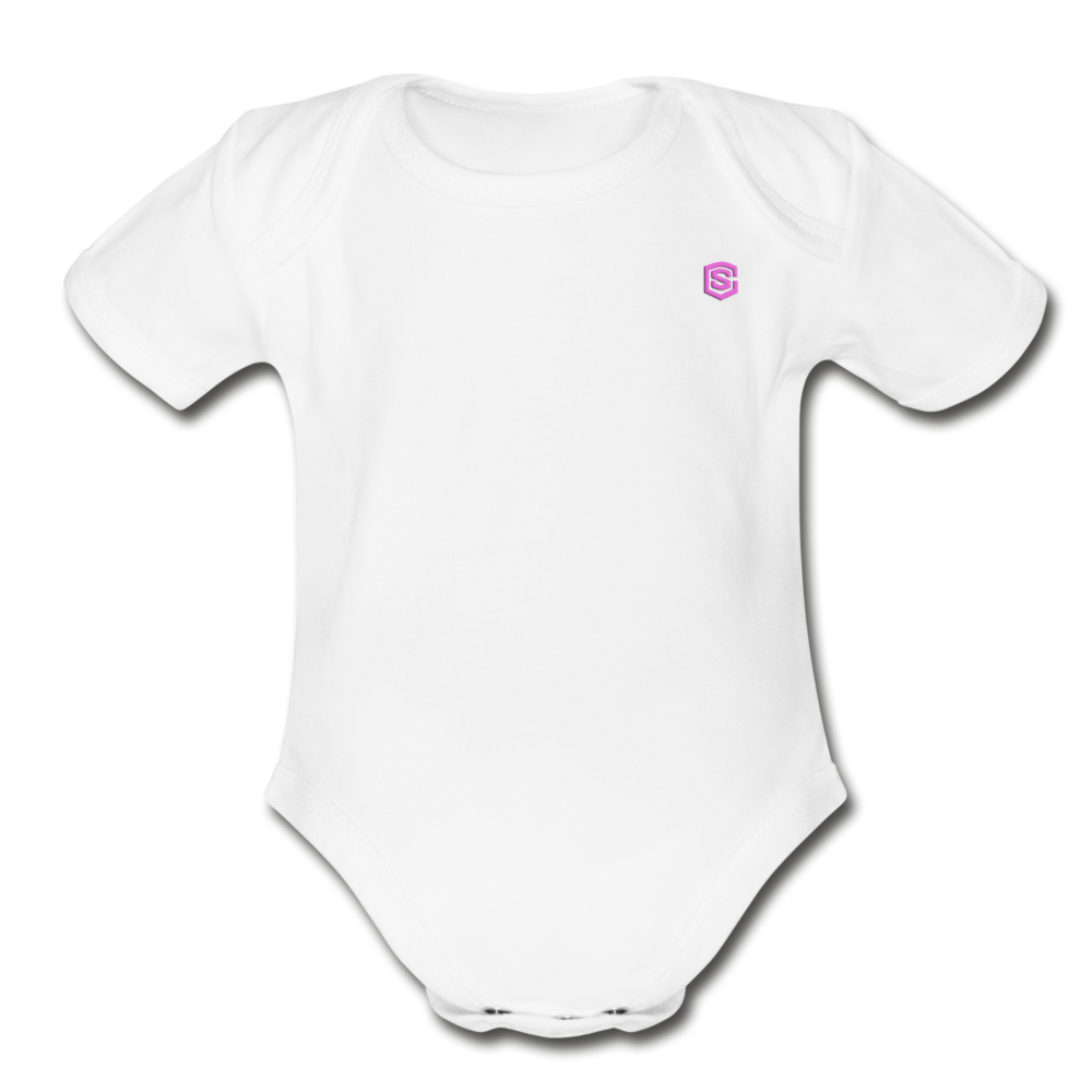 Organic Short Sleeve Baby Bodysuit WITH PINK LOGO - white