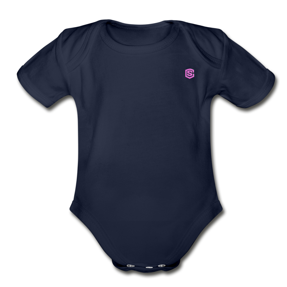 Organic Short Sleeve Baby Bodysuit WITH PINK LOGO - dark navy