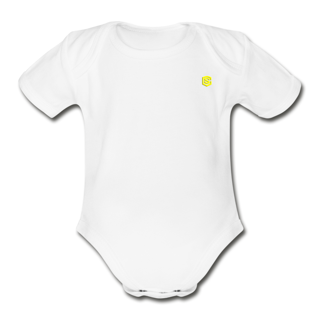 Organic Short Sleeve Baby Bodysuit WITH YELLOW LOGO - white