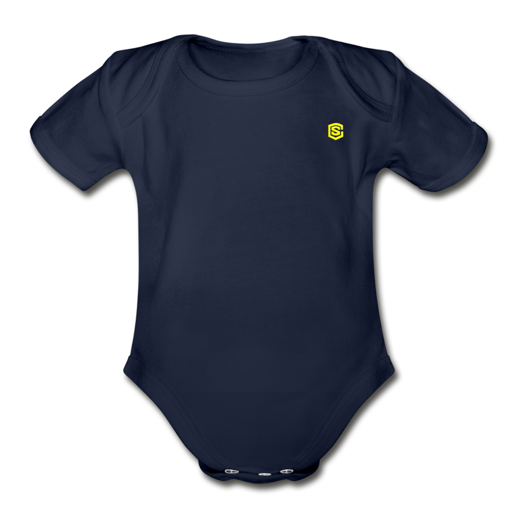 Organic Short Sleeve Baby Bodysuit WITH YELLOW LOGO - dark navy