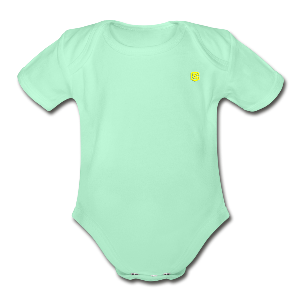 Organic Short Sleeve Baby Bodysuit WITH YELLOW LOGO - light mint