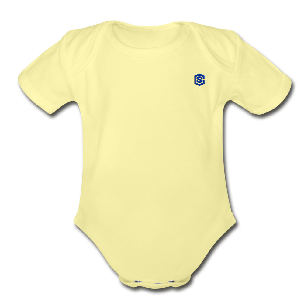 Organic Short Sleeve Baby Bodysuit WITH BLUE LOGO - washed yellow
