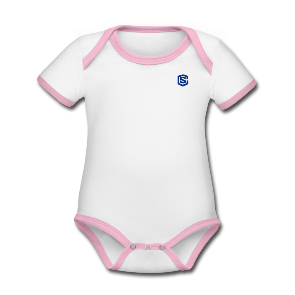 Organic Contrast Short Sleeve Baby Bodysuit WITH BLUE LOGO - white/pink