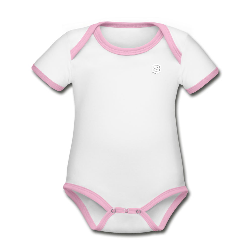 Organic Contrast Short Sleeve Baby Bodysuit WITH WHITE LOGO - white/pink
