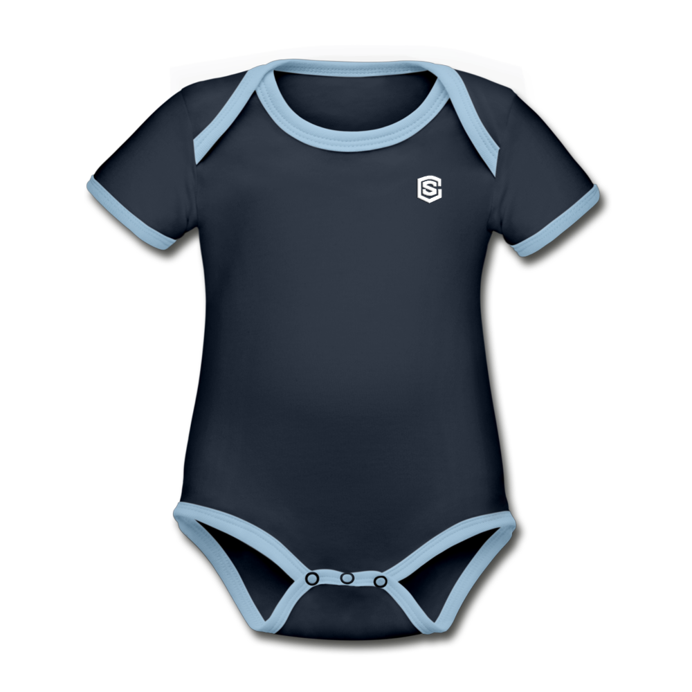 Organic Contrast Short Sleeve Baby Bodysuit WITH WHITE LOGO - navy/sky