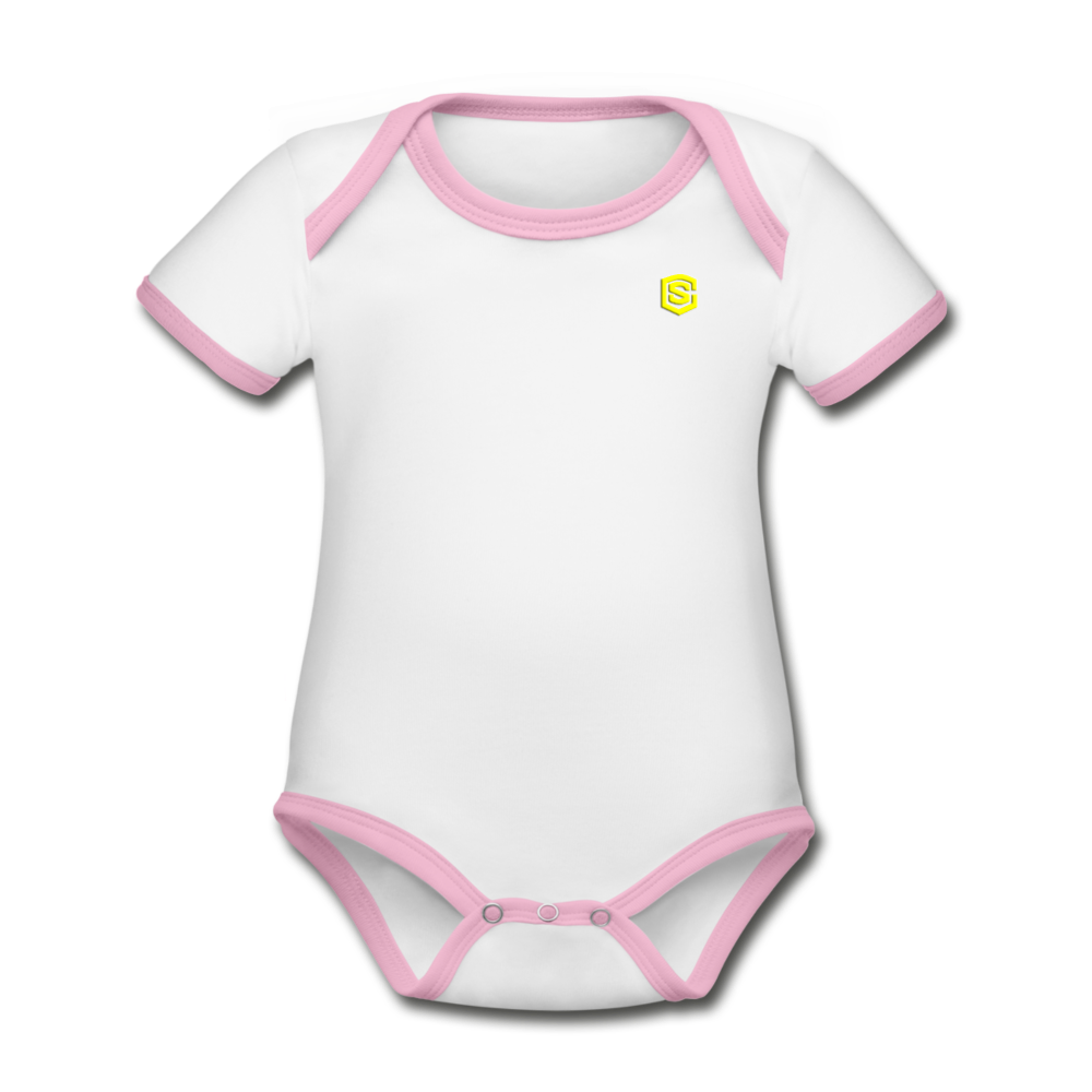 Organic Contrast Short Sleeve Baby Bodysuit WITH YELLOW LOGO - white/pink
