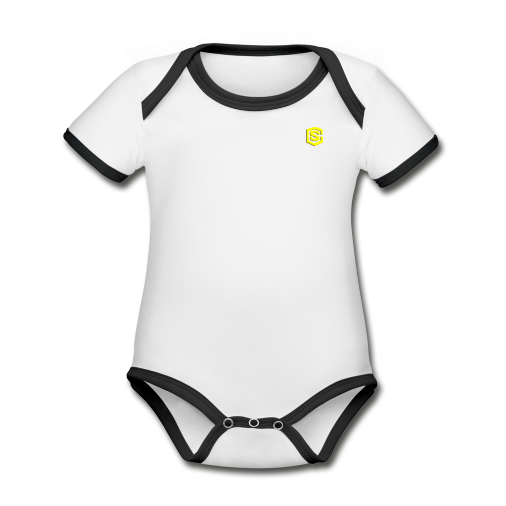 Organic Contrast Short Sleeve Baby Bodysuit WITH YELLOW LOGO - white/black