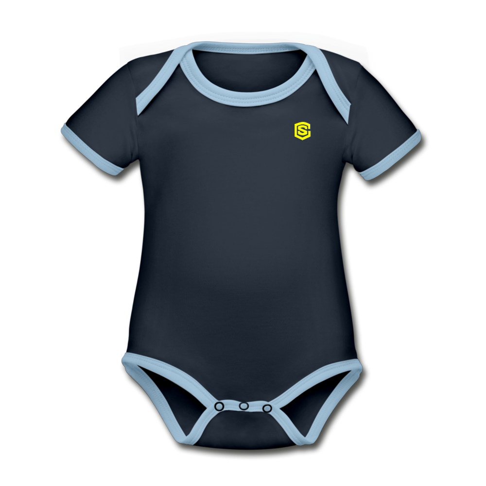 Organic Contrast Short Sleeve Baby Bodysuit WITH YELLOW LOGO - navy/sky