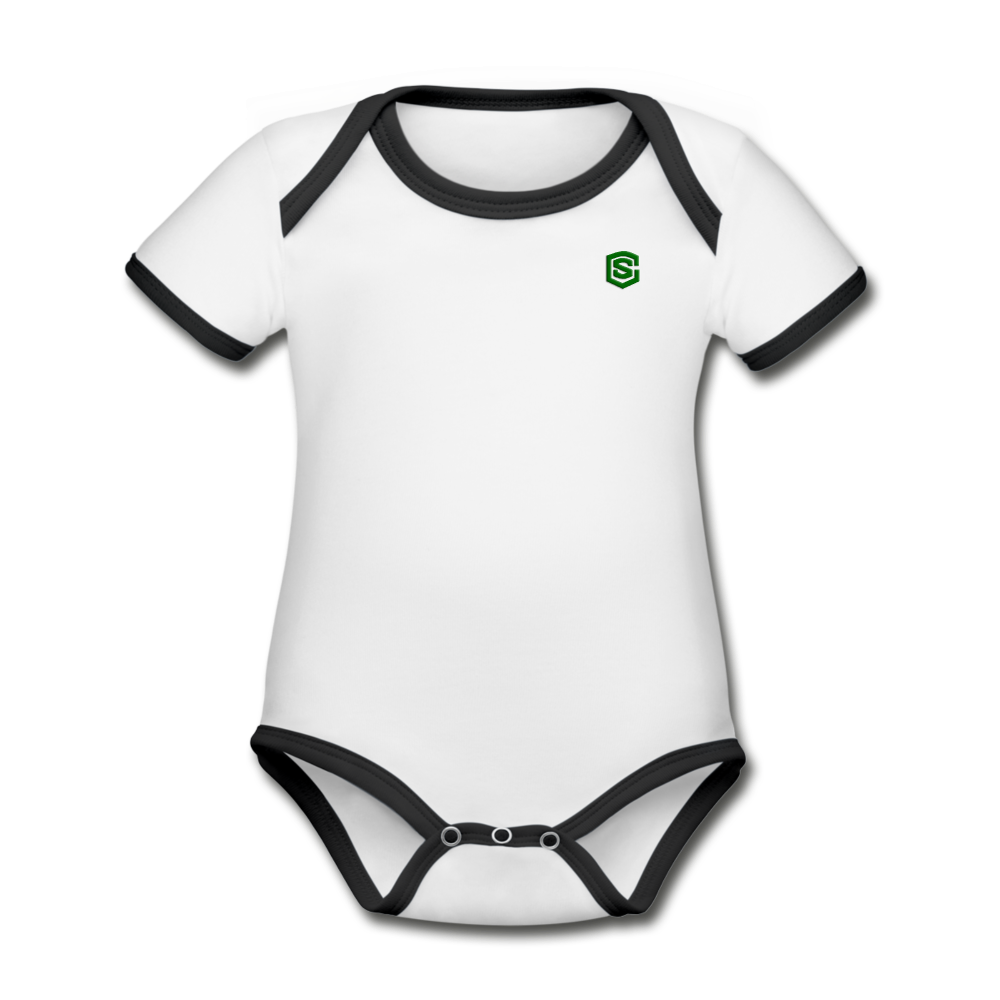 Organic Contrast Short Sleeve Baby Bodysuit WITH GREEN LOGO - white/black
