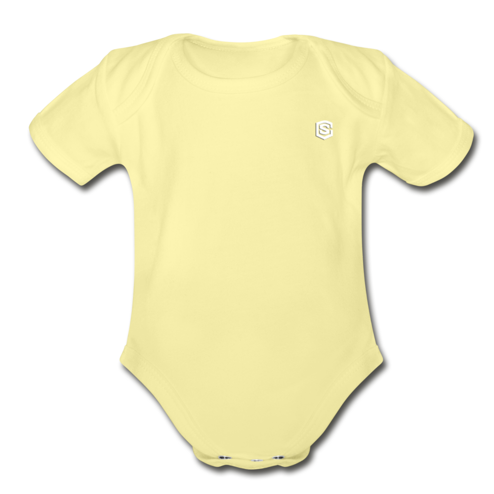 Organic Short Sleeve Baby Bodysuit WITH WHITE LOGO - washed yellow