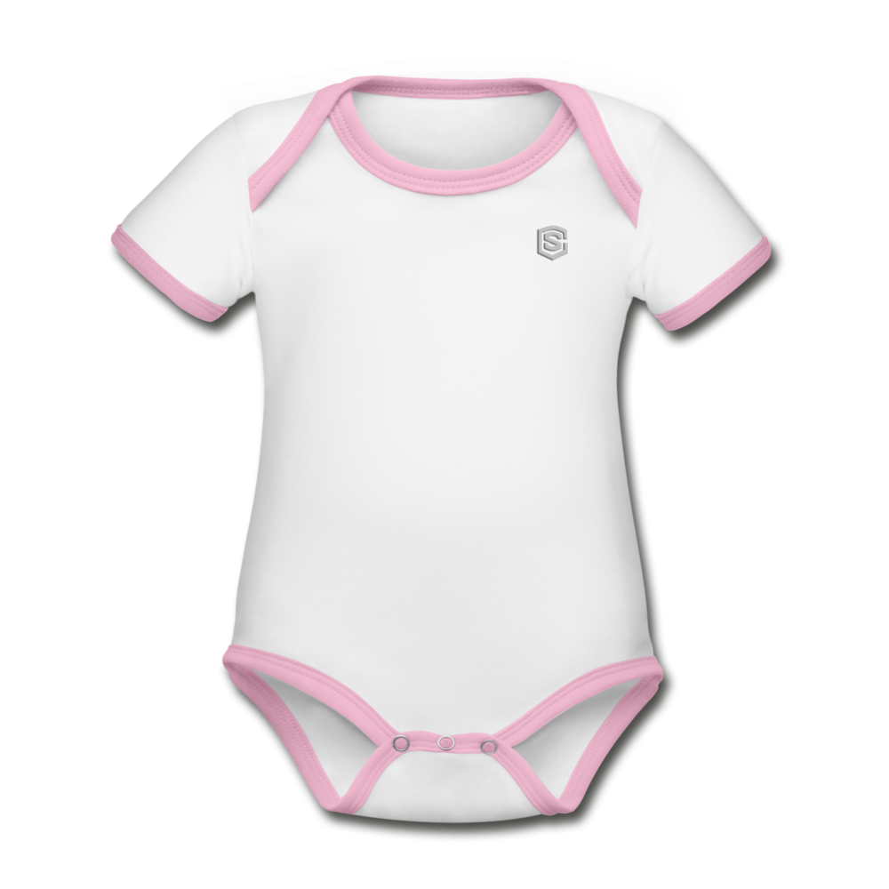 Organic Contrast Short Sleeve Baby Bodysuit WITH SILIVER LOGO - white/pink