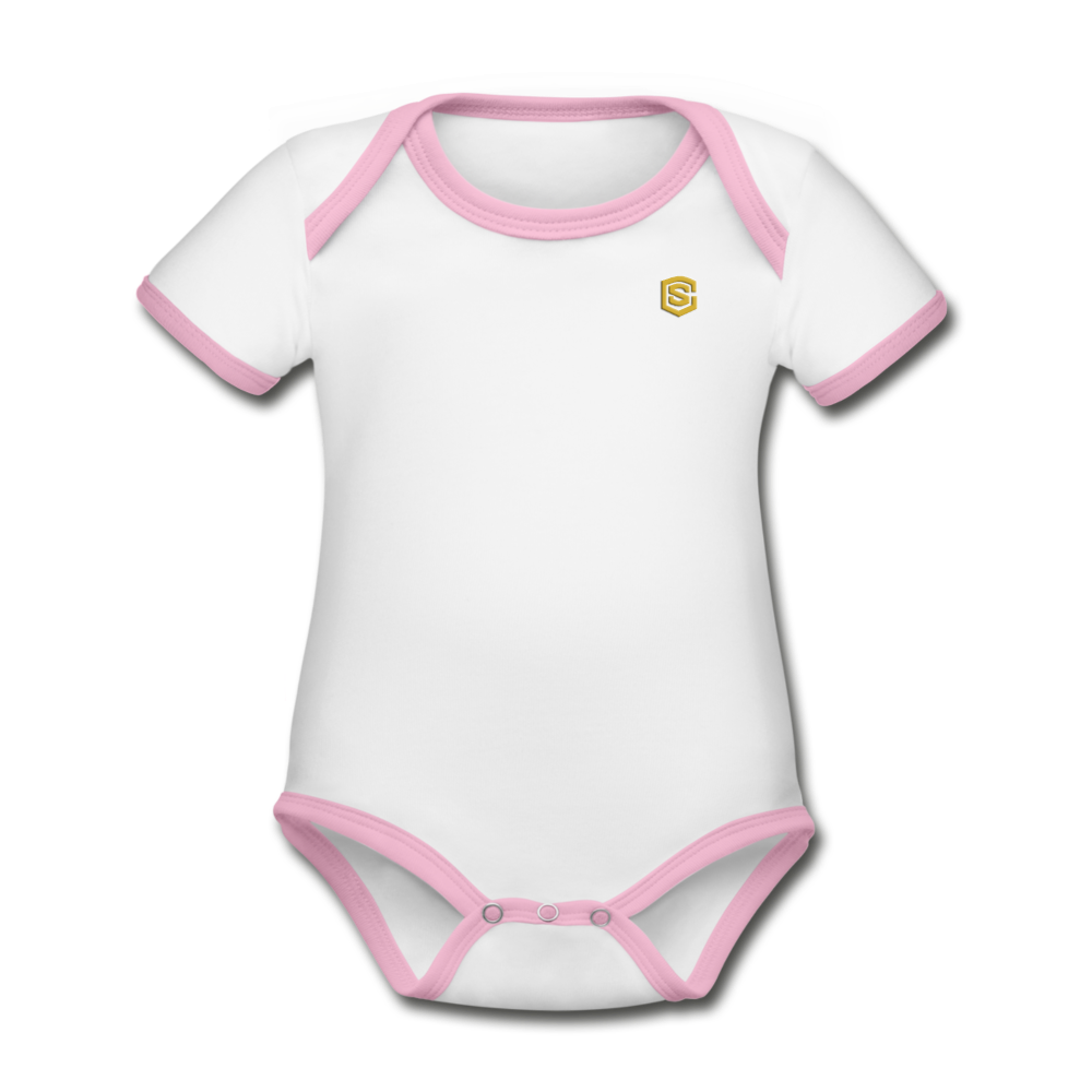 Organic Contrast Short Sleeve Baby Bodysuit WITH GOLD LOGO - white/pink