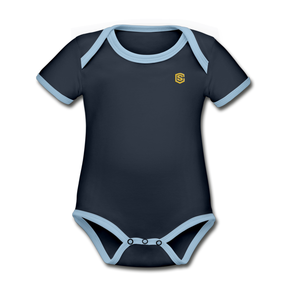 Organic Contrast Short Sleeve Baby Bodysuit WITH GOLD LOGO - navy/sky