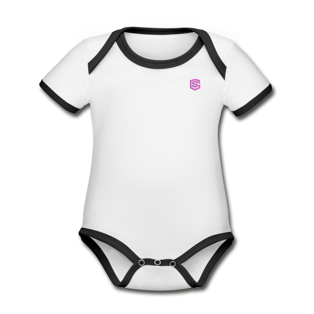 Organic Contrast Short Sleeve Baby Bodysuit WITH PINK LOGO - white/black