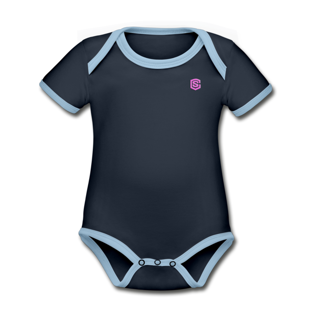 Organic Contrast Short Sleeve Baby Bodysuit WITH PINK LOGO - navy/sky