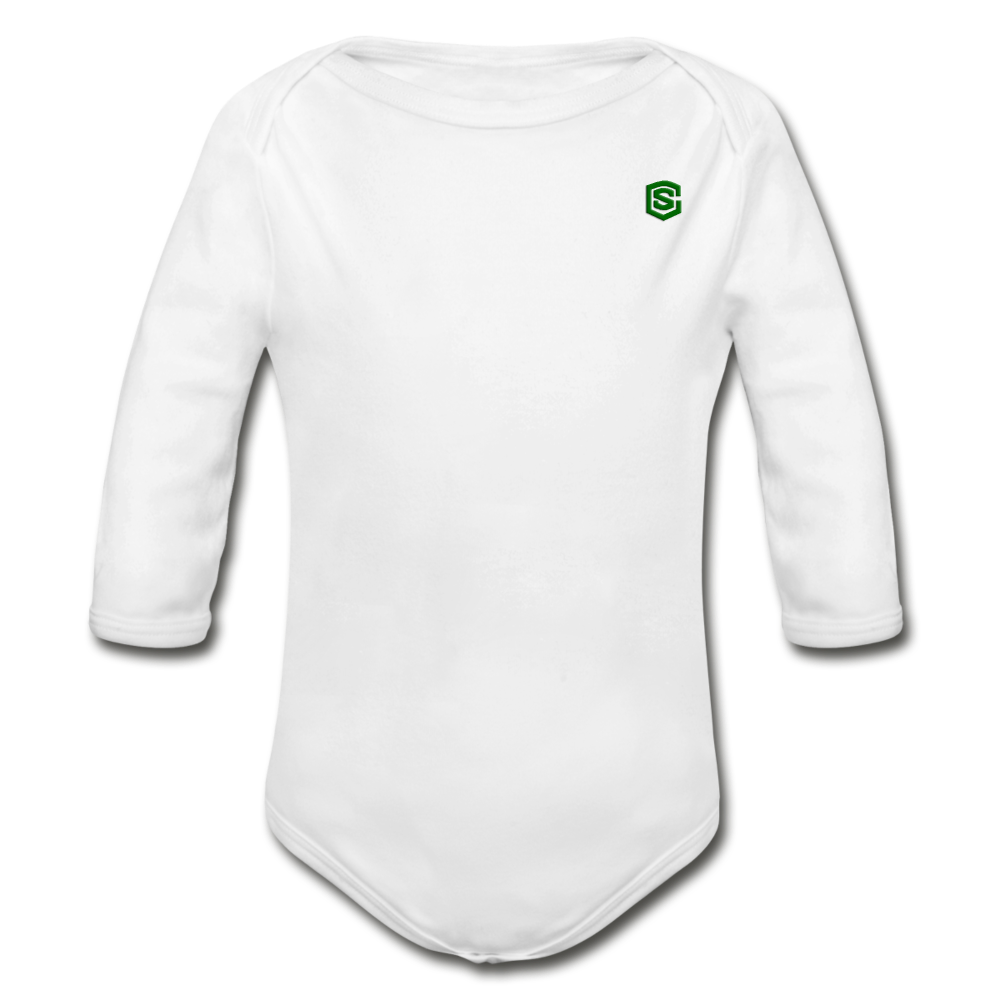 Organic Long Sleeve Baby Bodysuit WITH GREEN LOGO - white