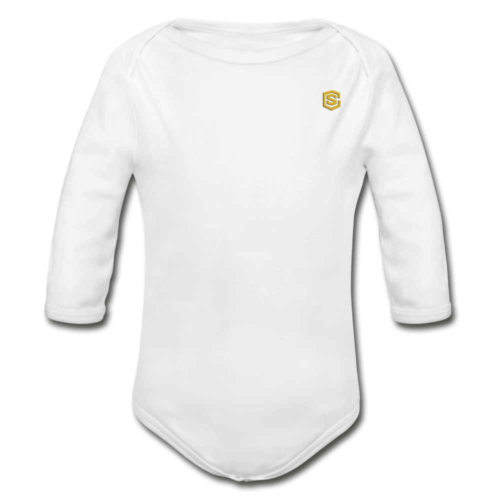 Organic Long Sleeve Baby Bodysuit WITH GOLD LOGO - white