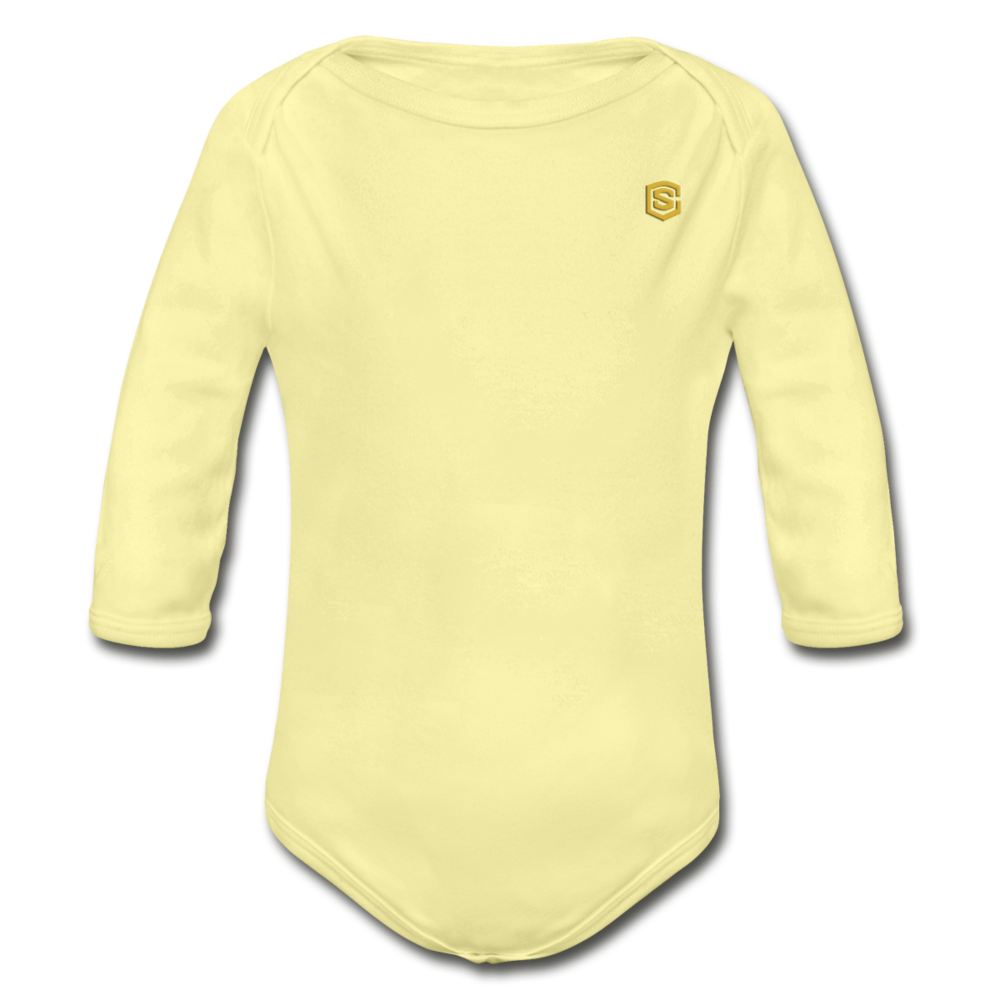 Organic Long Sleeve Baby Bodysuit WITH GOLD LOGO - washed yellow