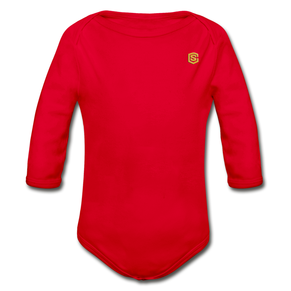 Organic Long Sleeve Baby Bodysuit WITH GOLD LOGO - red