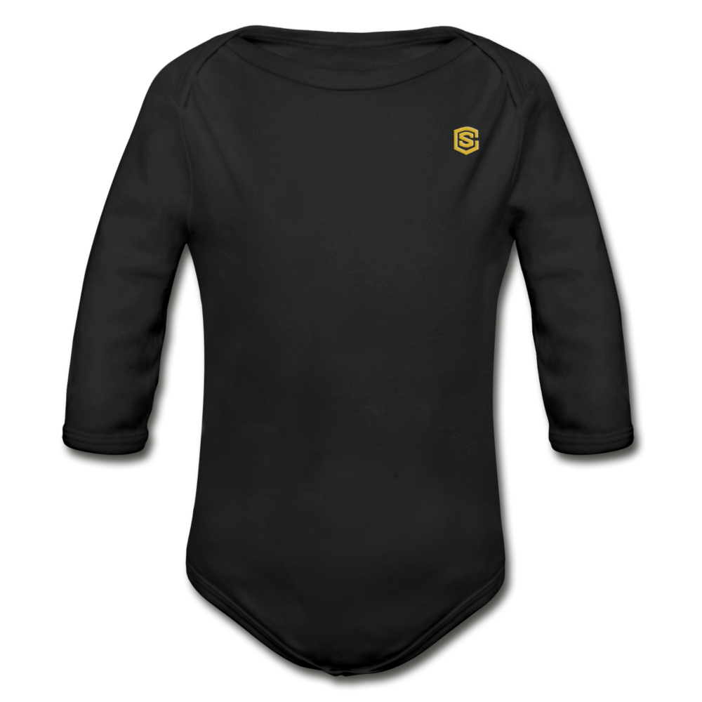 Organic Long Sleeve Baby Bodysuit WITH GOLD LOGO - black