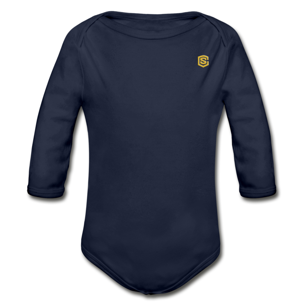 Organic Long Sleeve Baby Bodysuit WITH GOLD LOGO - dark navy