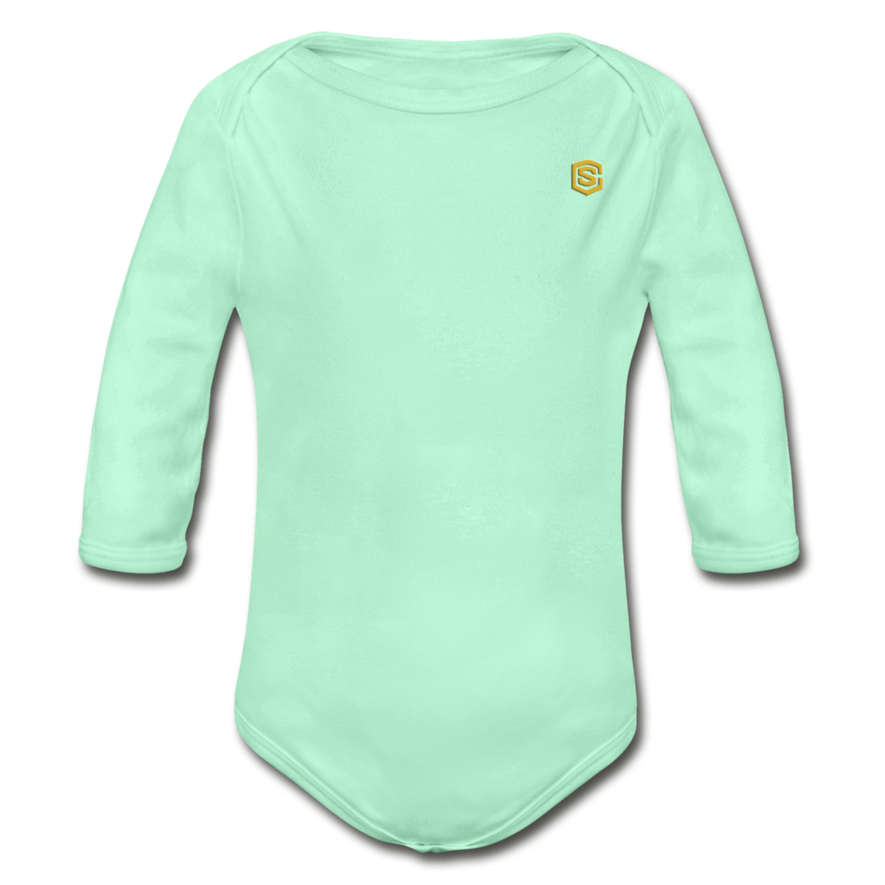 Organic Long Sleeve Baby Bodysuit WITH GOLD LOGO - light mint