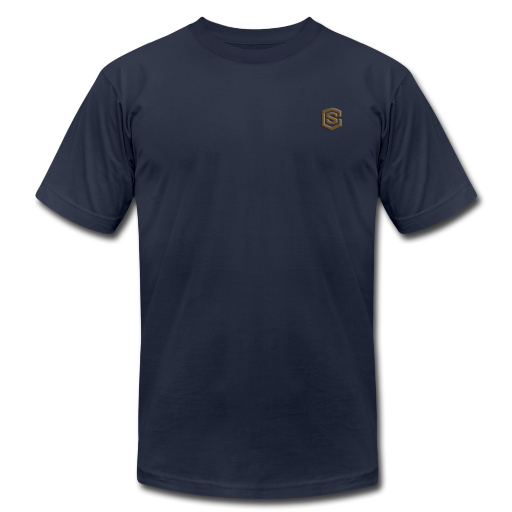 Unisex Jersey T-Shirt by Bella + Canvas WITH BROWN LOGO - navy